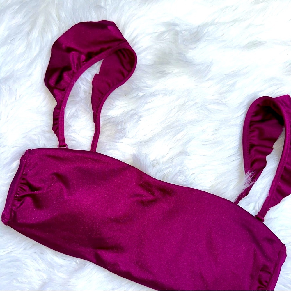 VS PINK • Shiny Ruffle Trim Bandeau Bikini Top